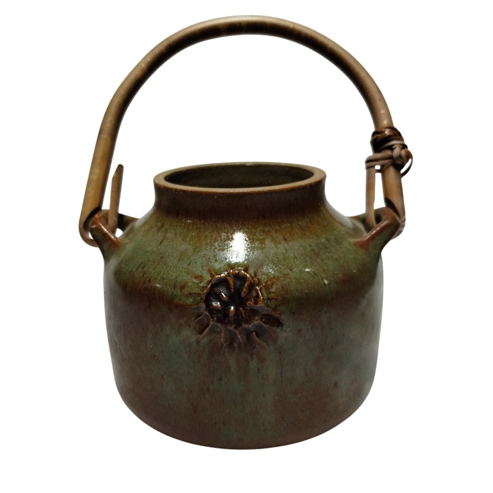 Studio Pottery Green Brown Drip Glaze Vase Bamboo Handle Artist‎ Signed Rustic
